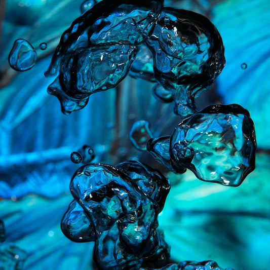 A collection of blue Morpho butterfly bubbles