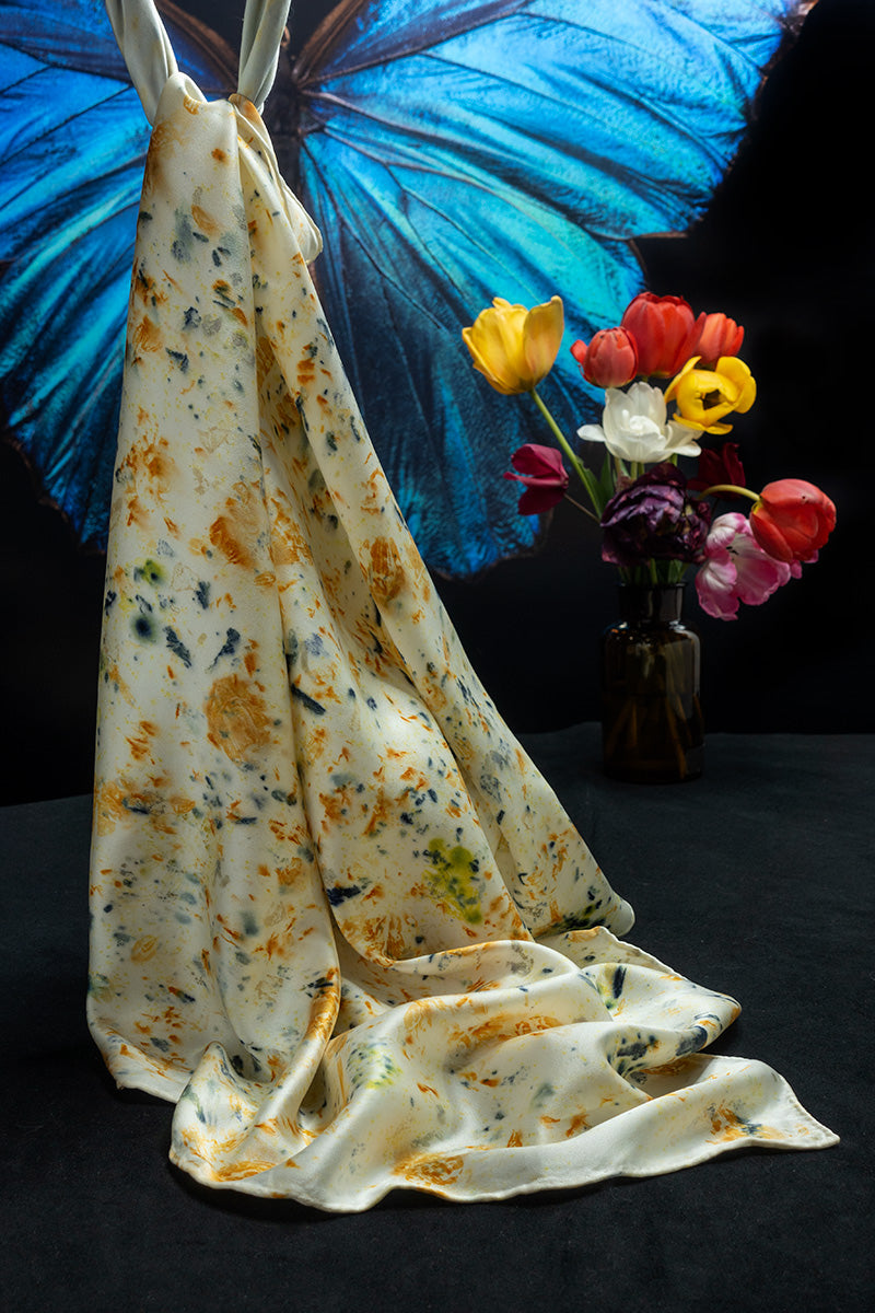 Abstract floral silk scarf handmade from natural dyes