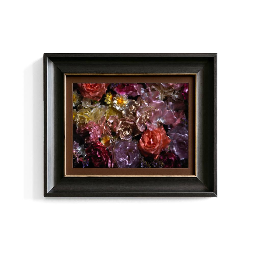 Framed artwork with colorful floral design on a white background