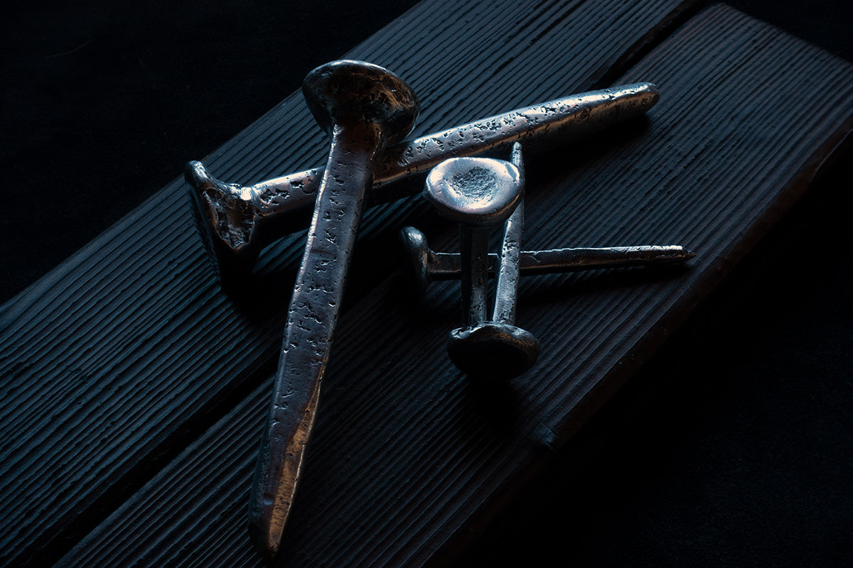 Round head hand forged crucifixion nails - €80 | Shop now & buy direct from the artists studio - Distil Ennui ™ est.1990.