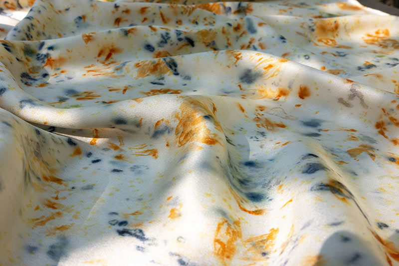 Orange blue silk scarf eco-printed with flower petals