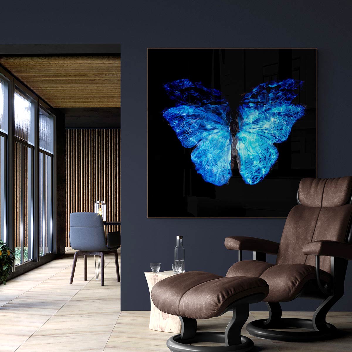 a large butterfly artwork hangs in a contemprary home