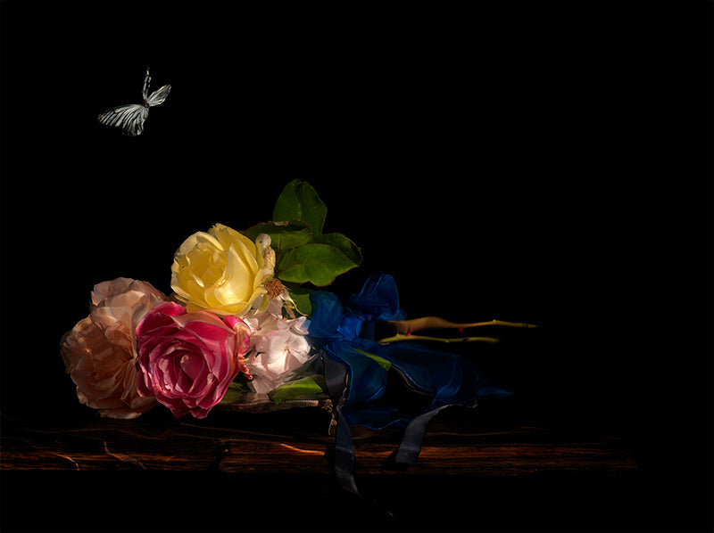 butterfly and floral vanitas scene underwater in black 