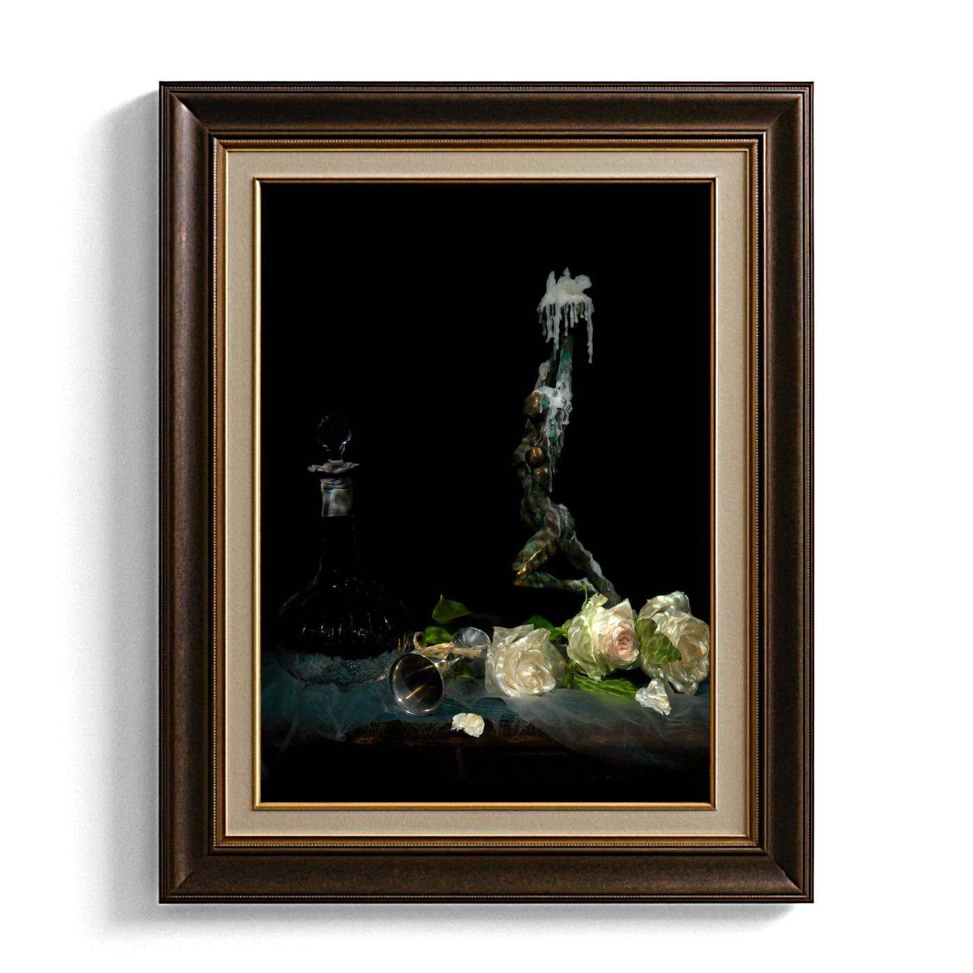 Framed artwork with a dark background, sculpture, and flowers.