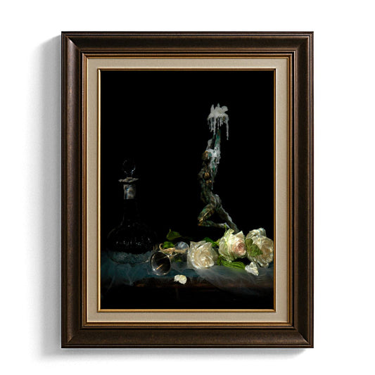 Framed artwork with a dark background, sculpture, and flowers.