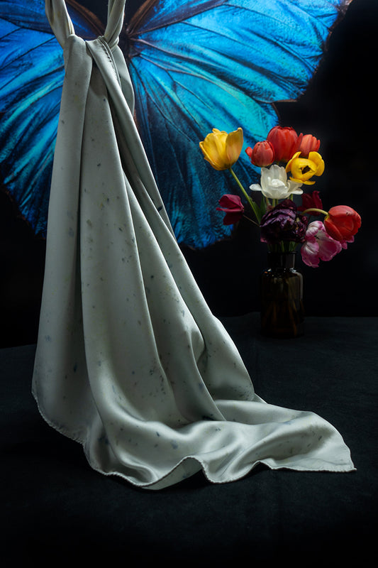 Dusty blue silk scarf eco-printed with flower petals