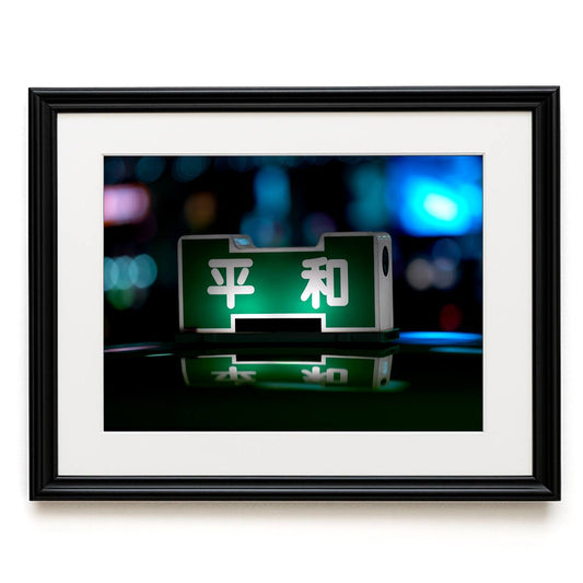Framed photograph of a green street sign with white text against a blurred background