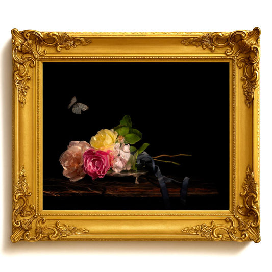 Decorative gold frame with a black background featuring flowers and a butterfly.
