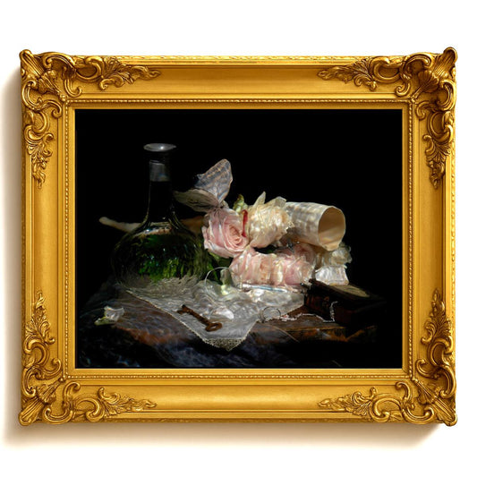 Decorative still life painting with flowers and a bottle in an ornate gold frame.