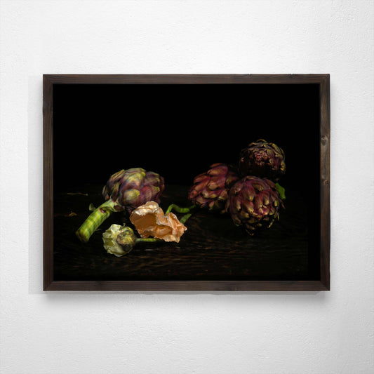artichokes and poppy flower using water as a lens