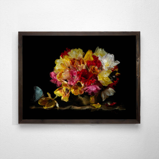 a vibrant bouquet of period flowers sets the scene for a vanitas