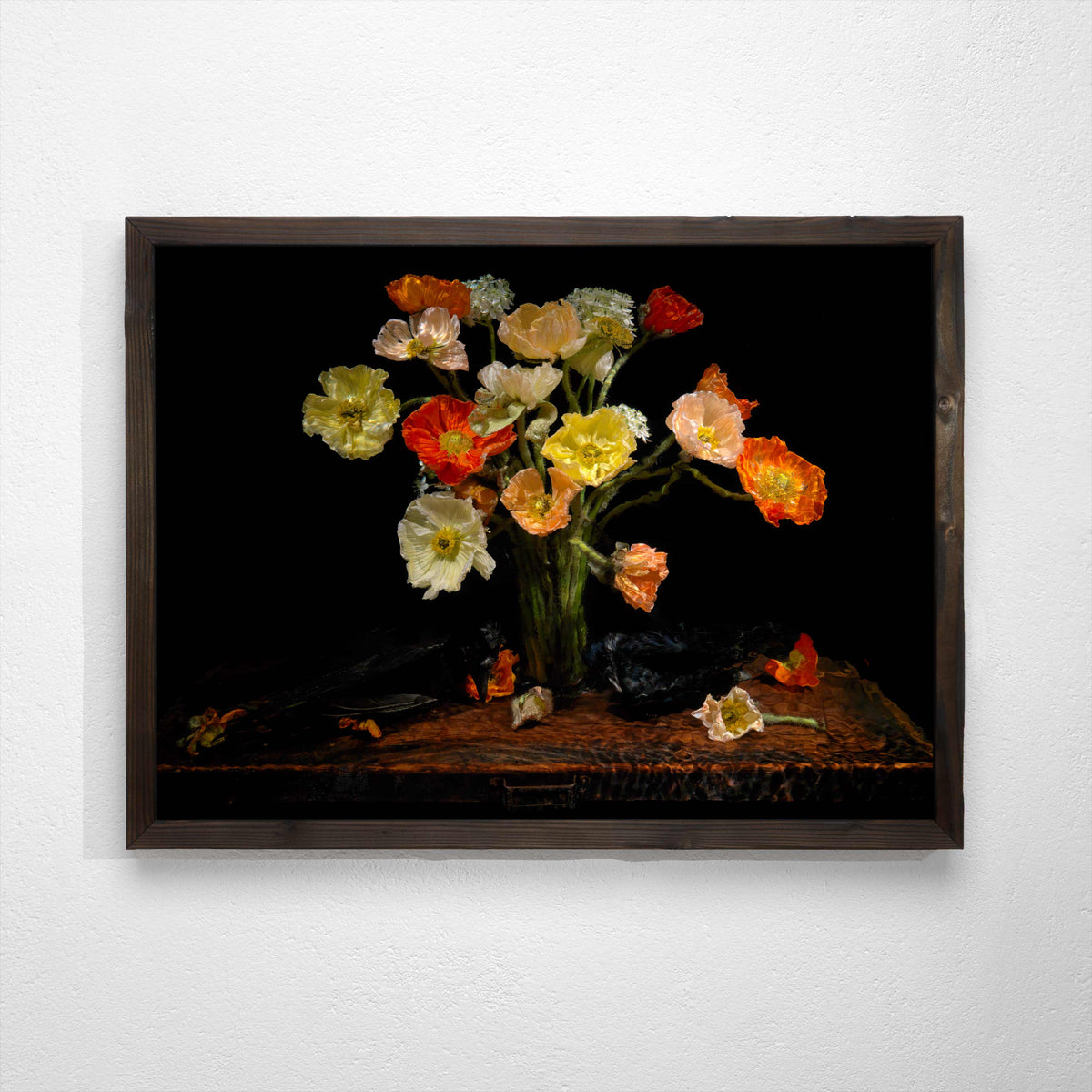 floral vanitas with raven crows and paper poppies using water as a lens
