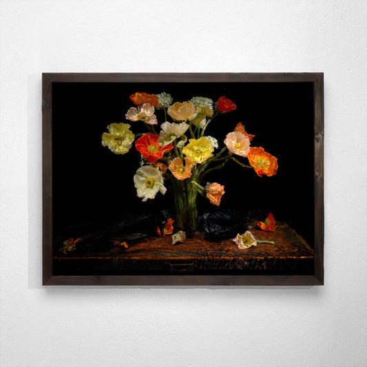 floral vanitas with raven crows and paper poppies using water as a lens