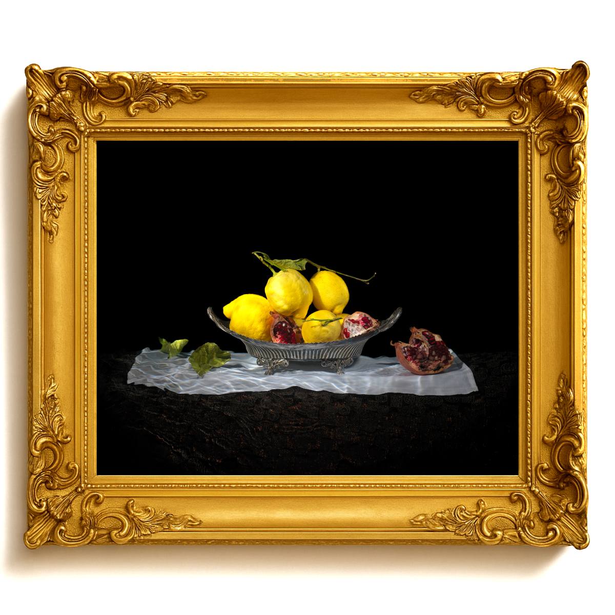 still life of pomegranate and lemons in a silver bowl