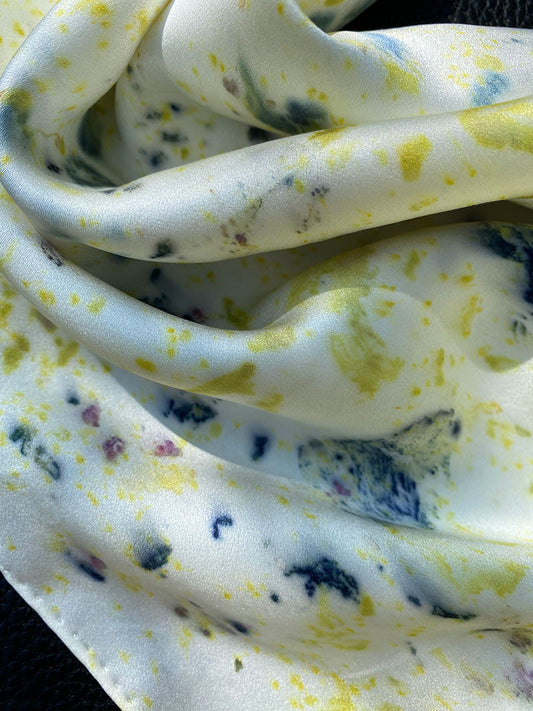 Gold and blue floral silk scarf eco-printed with petals
