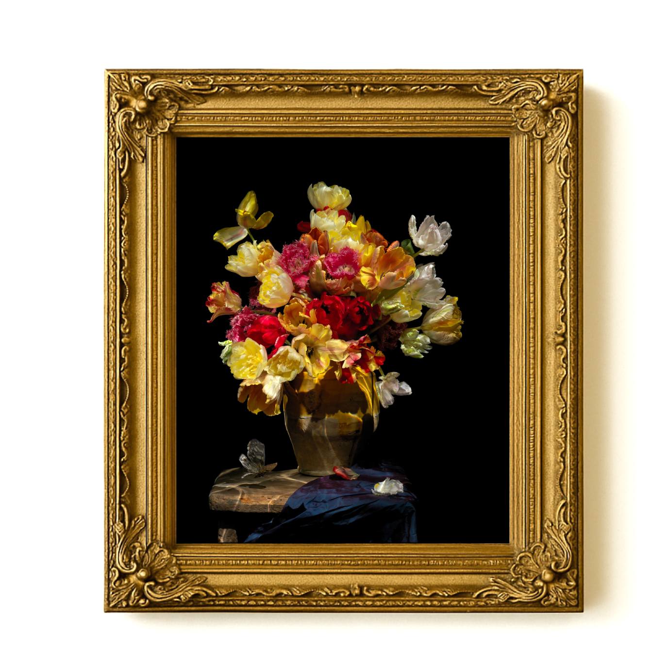 Framed artwork of a still life with flowers and a vase on a black background