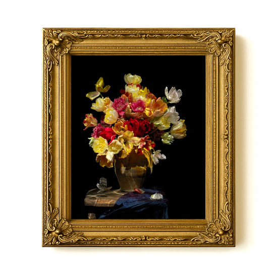 Framed artwork of a still life with flowers and a vase on a black background