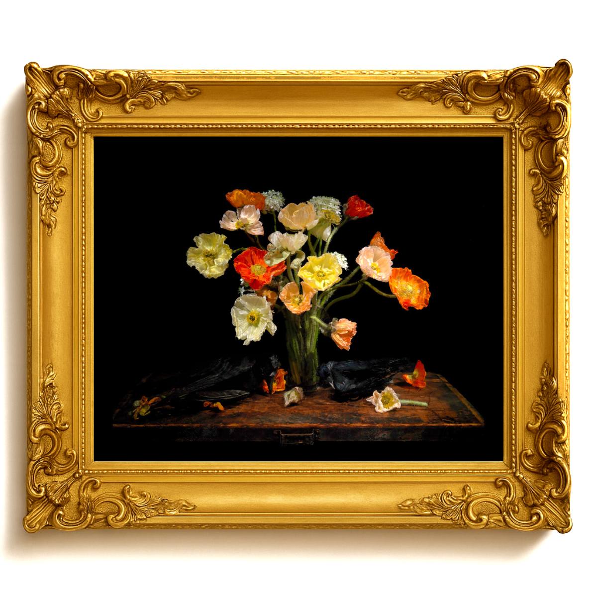 Decorative still life painting with flowers in a gold frame on a white background