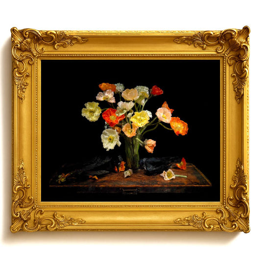Decorative still life painting with flowers in a gold frame on a white background