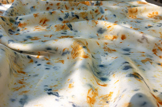 Orange blue silk scarf eco-printed with flower petals