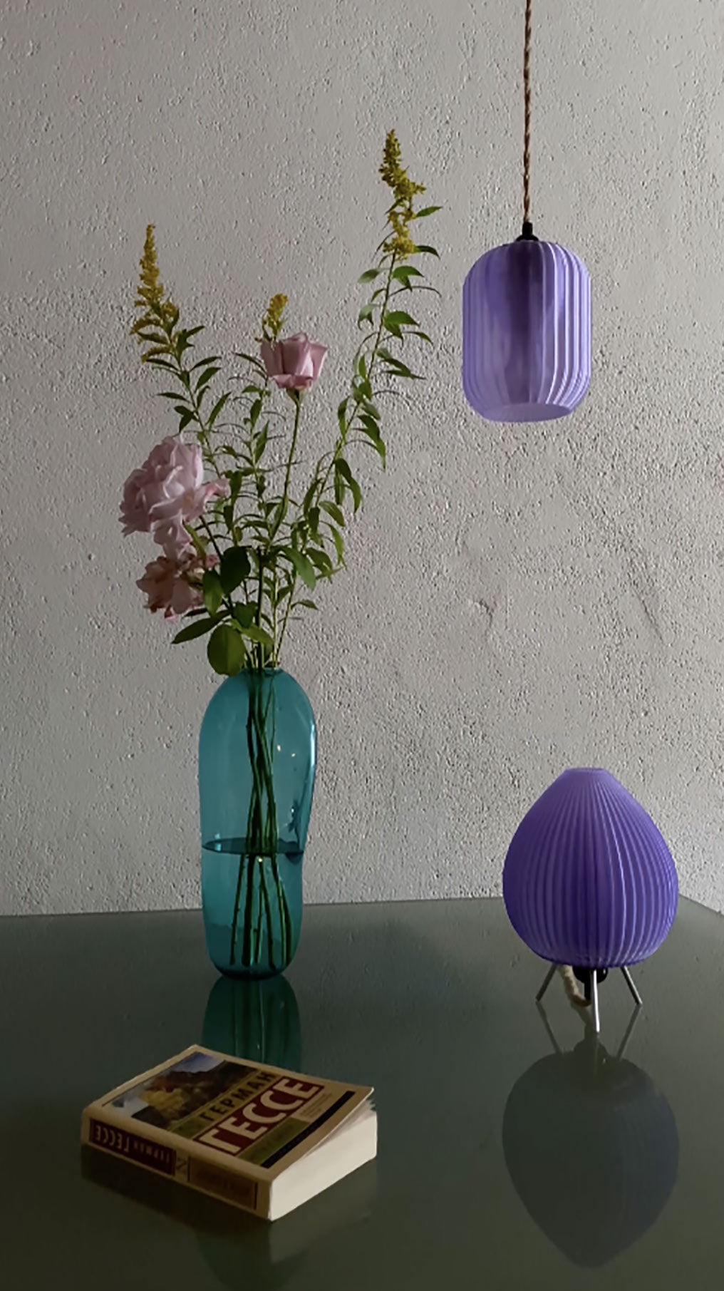 3D printed lavender light fixture with sculptural design