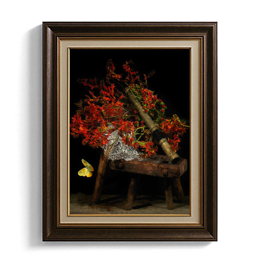 Framed artwork of a still life with flowers and a butterfly on a dark background