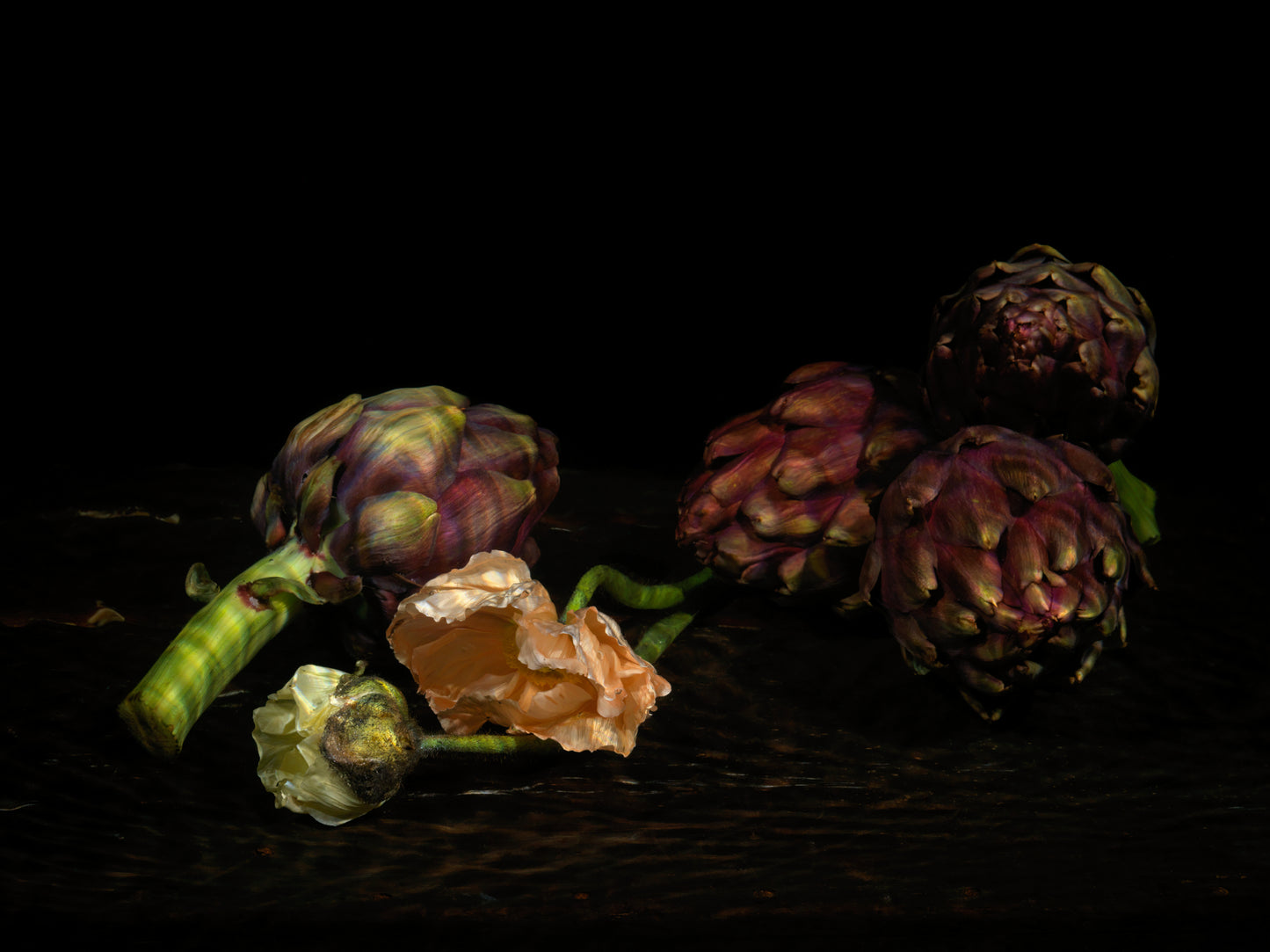 Vanitas still life with artichokes and flowers