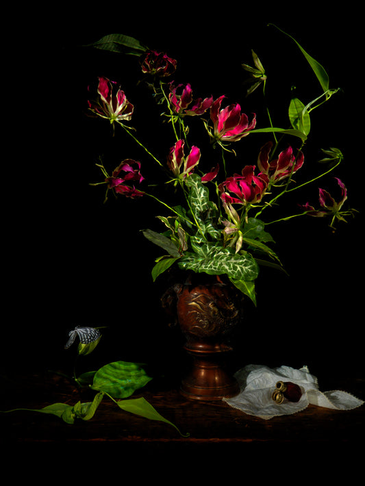 Vanitas floral still life with butterflies and ornamental vase