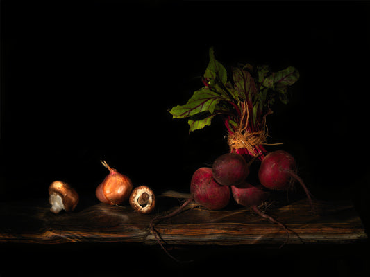 Vanitas floral composition with tulips in a dark vessel