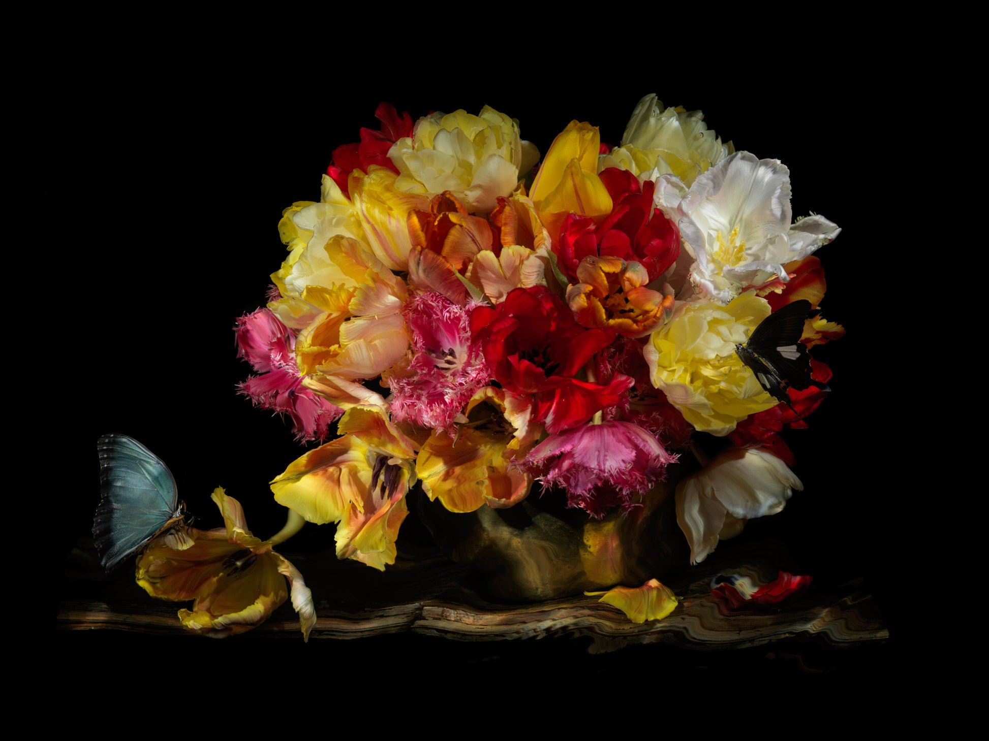 Vanitas floral composition with tulips in a dark vessel