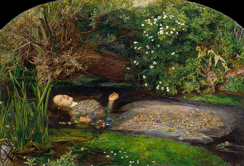 The scene depicted is from Shakespeare's Hamlet, Act IV, Scene vii, in which Ophelia, driven out of her mind when her father is murdered by her lover Hamlet, falls into a stream and drowns:
